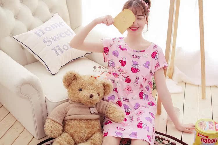 Đồ ngủ nữ mùa xuân và mùa hè ngọt ngào dễ thương ngắn tay nightdress vòng cổ bông dịch vụ nhà kích thước lớn thai sản dress cộng với chất béo váy