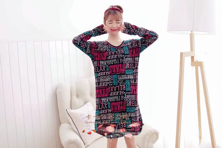 Mùa xuân và mùa hè phần mỏng ladies nightdress cộng với chất béo kích thước lớn vòng cổ dài tay váy đan nightdress đồ ngủ Châu Âu mã đơn giản ...