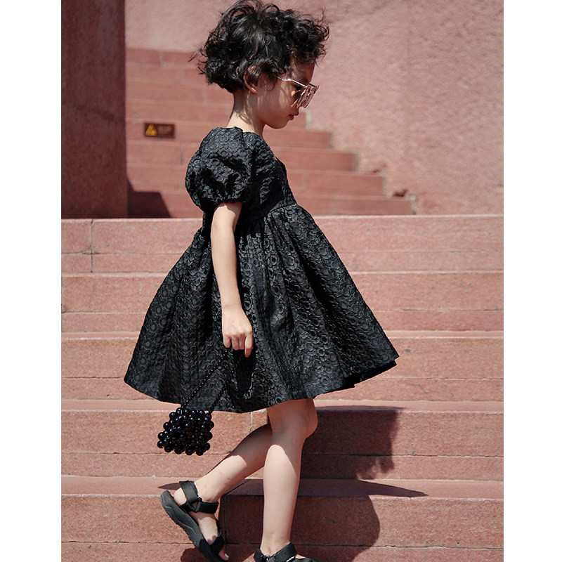 /Bu oto original population of sweet and salty girl's square collar black bubble sleeves foreign dress for holiday pro-daughter