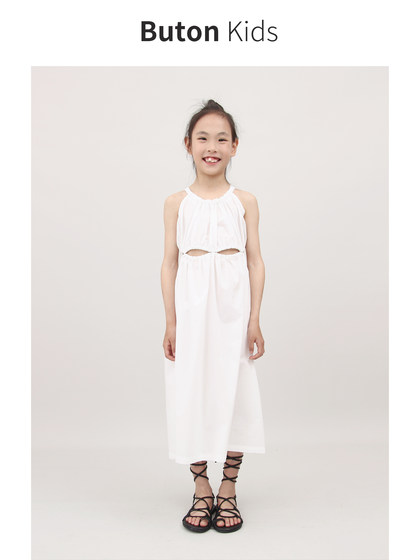 1-3折Kids女童白色腰间镂空连衣裙夏季新款全棉气质长裙亲子装潮