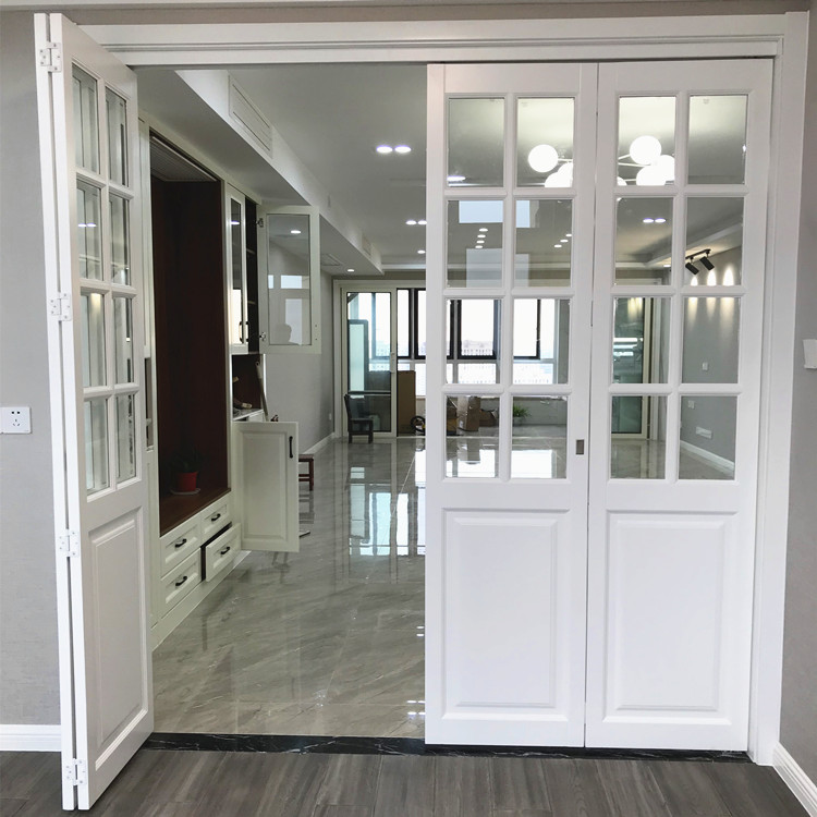 Holy Deco Solid Wood Plaid Glass Folding Door Kitchen Make-up Room Living-room Bookroom Hanging Wheel Sliding Door without lower track