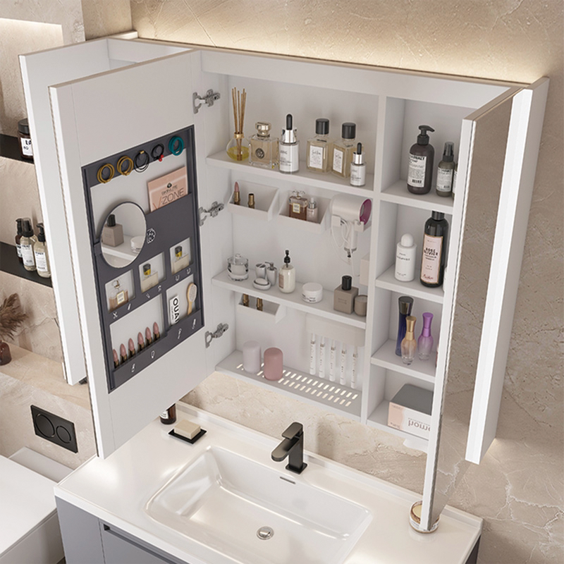 Stainless Steel Mirror Cabinet with White Removable Drain Board, Makeup Storage, Wall-Mounted, Smart Bathroom Mirror with Light Stainless Steel Mirror Cabinet with White Removable Drain Board, Makeup Storage, Wall-Mounted, Smart Bathroom Mirror with Light