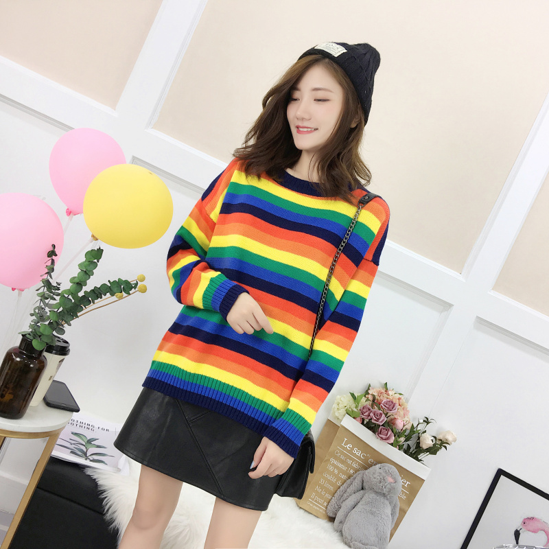 彩条毛衣女彩虹条纹2018秋冬新款韩版宽松套