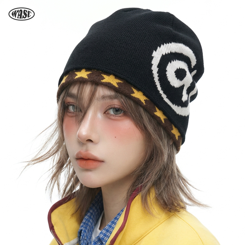 New Autumn and Winter Retro Color-Blocking Double-Layer Beanie Hat for Men and Women, Jacquard Star Slouchy Hat, Pullover Knitted Hat, Woolen Hat