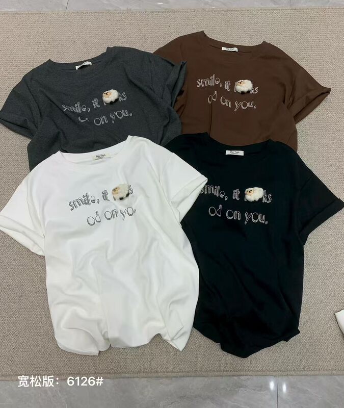 Dayan2026 Autumn New Korean Style Loose Round Neck Cartoon Versatile Short-Sleeve T-Shirt for Women in 4 Colors, Large Size