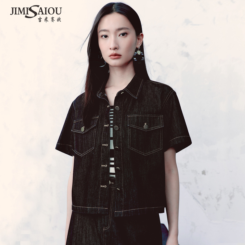 Summer Retro Lapel Short-Sleeved Denim Jacket for Women, Casual Hong Kong Style Short Shirt, Women's Top, Short Jacket for Petite Sizes