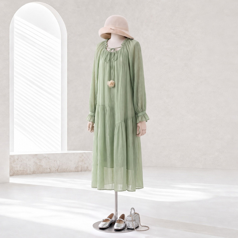 French-Style Green Floral Lace-Up Casual Long-Sleeve Dress 2026 New Women's Spring and Autumn Trendy Beautiful and Elegant Dress French-Style Green Floral Lace-Up Casual Long-Sleeve Dress 2026 New Women's Spring and Autumn Trendy Beautiful and Elegant Dress