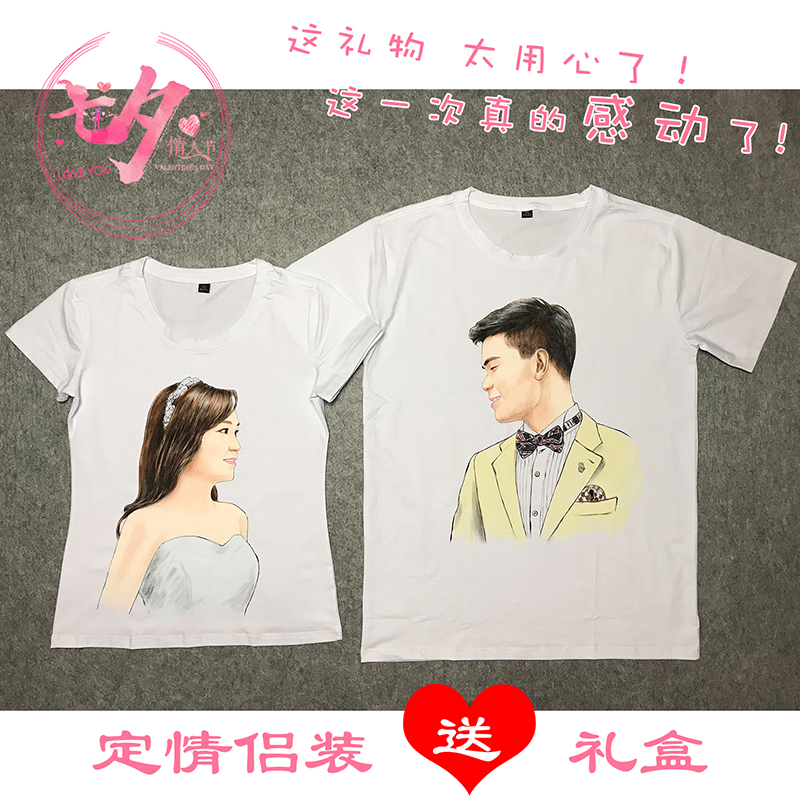 NEW hand-painted custom couples short sleeve sweatshirt color figure head pure cotton T-shirt creative birthday gift