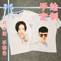 New T-shirt custom hand-painted graffiti head portrait cotton clothes for men and women portrait painting Q version couple dress parent-child gift