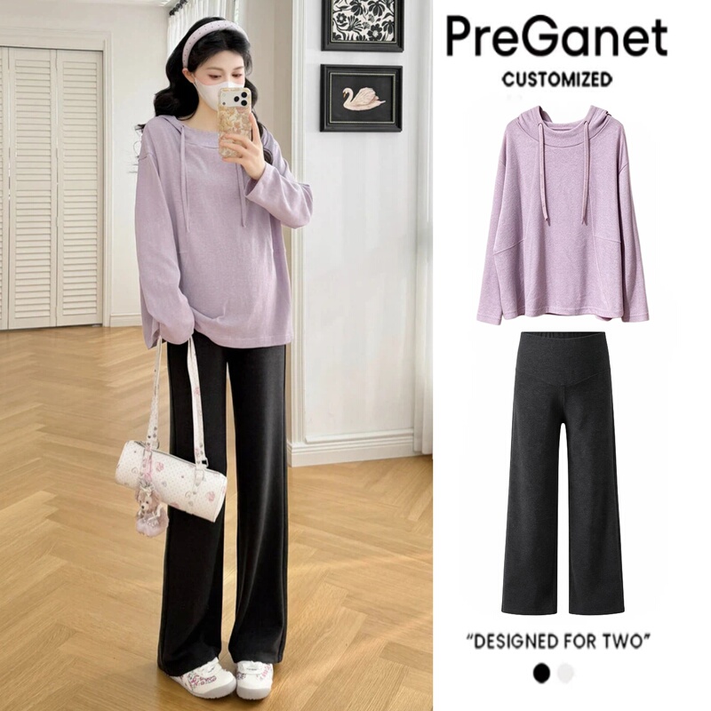 Maternity Wear Autumn Set, Loose Plus-Size Lazy Style Hooded Sweatshirt, Straight Two-Piece Set for Trendy Moms Maternity Wear Autumn Set, Loose Plus-Size Lazy Style Hooded Sweatshirt, Straight Two-Piece Set for Trendy Moms