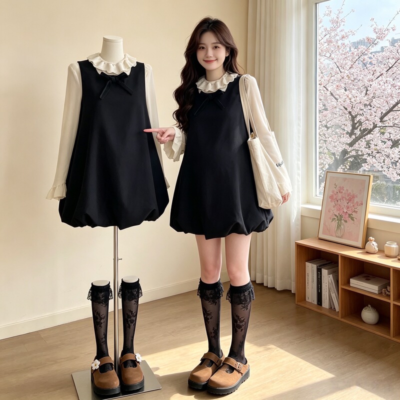 Maternity Dress 2026 Autumn New Stylish Non-Obtrusive Floral Dress Base Shirt Pregnancy Outfit Two-Piece Set