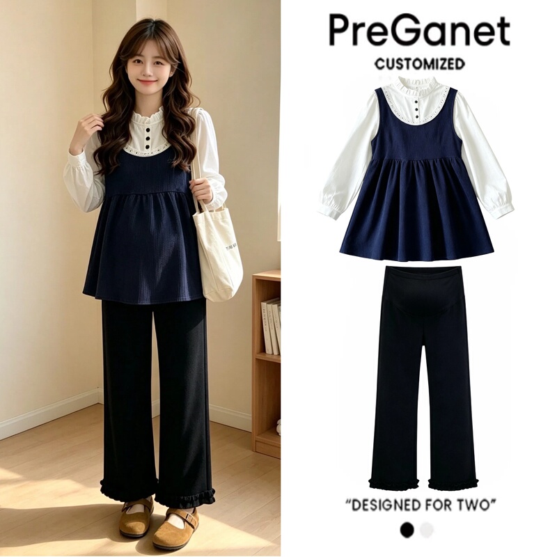 Maternity Autumn Outfit, Two-Piece Set That Doesn'T Show Pregnancy, Stylish Doll Shirt Top, High-End Straight-Leg Pants Two-Piece Set for Women Maternity Autumn Outfit, Two-Piece Set That Doesn'T Show Pregnancy, Stylish Doll Shirt Top, High-End Straight-Leg Pants Two-Piece Set for Women