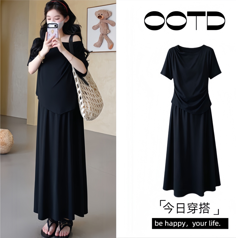 Pregnant Women's Summer 2026 New Style Fashionable and Stylish Lightweight One-Shoulder Short-Sleeved Skirt Two-Piece Set That Does Not Show Pregnancy during Pregnancy