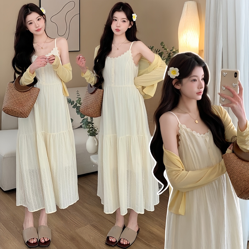 Maternity Wear 2026 Summer New Fashion Style That Doesn'T Show Pregnancy, French Lace Suspender Dress + Sun Protection Cardigan Two-Piece Set