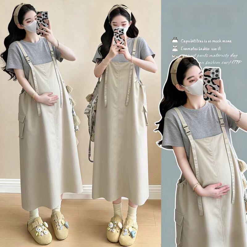 Pregnant Women's Summer 2026 New Korean Style Casual and Fashionable Two-Piece Set with a Suspender Dress That Doesn'T Show Pregnancy and a Short-Sleeved Top