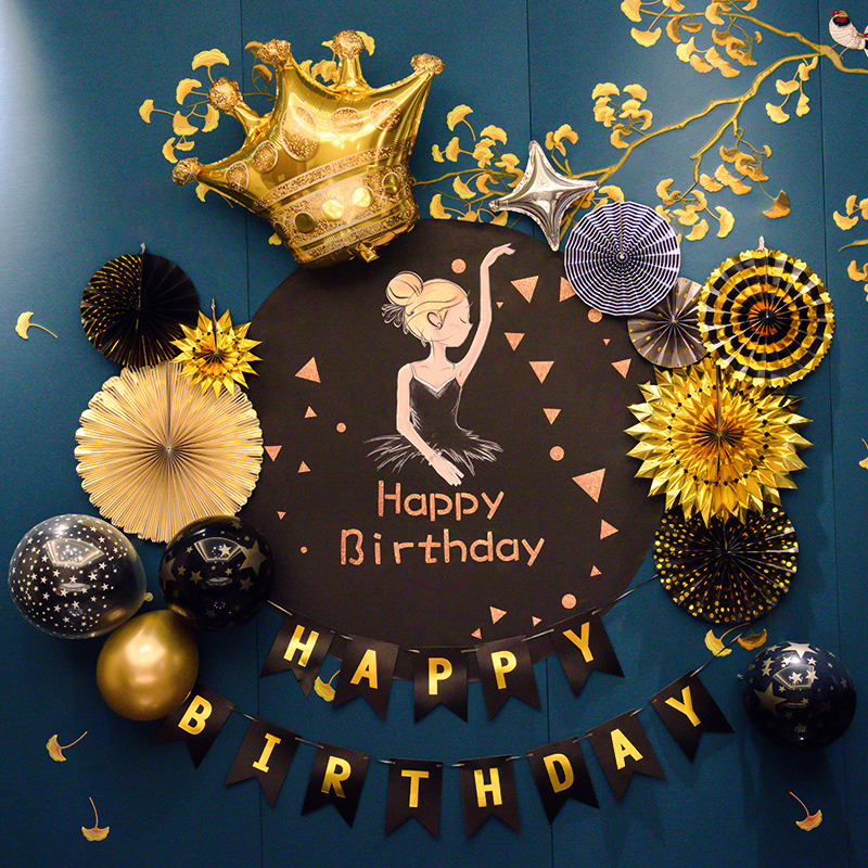 Ballet-Themed Little Girl Children's Birthday Decoration Setup Baby's First Birthday Hundred-Day Party Hotel Black and Gold Background Wall