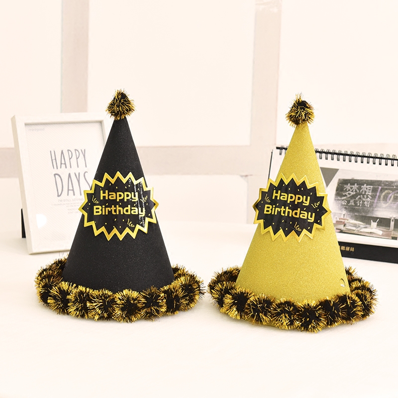 Creative Party Hat Children Birthday Hat Black Gold Wool Ball Hat Festival Dress Adult Sharp Corner Cap Round Cap 