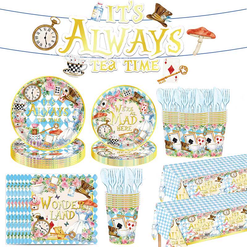 New Alice in Wonderland Disposable Tableware Princess Birthday Party Supplies Kindergarten Holiday Cups and Plates Paper