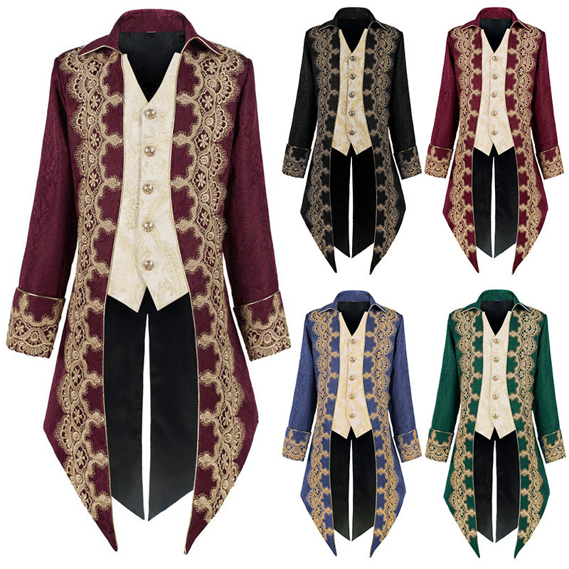 British Court Tailcoat Lace Embroidery Trim Suit for Men, Mid-Length Faux Two-Piece Color-Block Trench Coat, King's Formal Wear