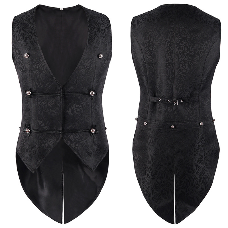 British Court Retro Jacquard Suit Vest for Men, Medieval Vampire Coat, Mid-Length Tailcoat Vest, Trendy