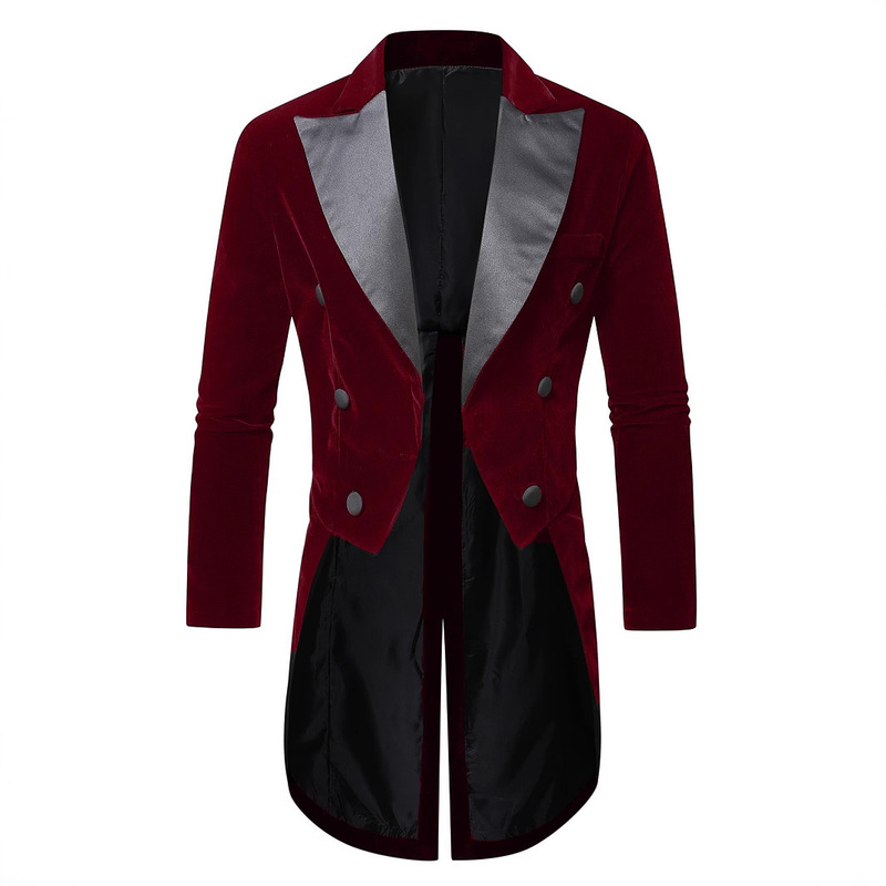 British Court-Style Tailcoat Mid-Length Velvet Suit Jacket for Men, Color-Blocked Double-Breasted Suit Collar Trench Coat Performance Costume