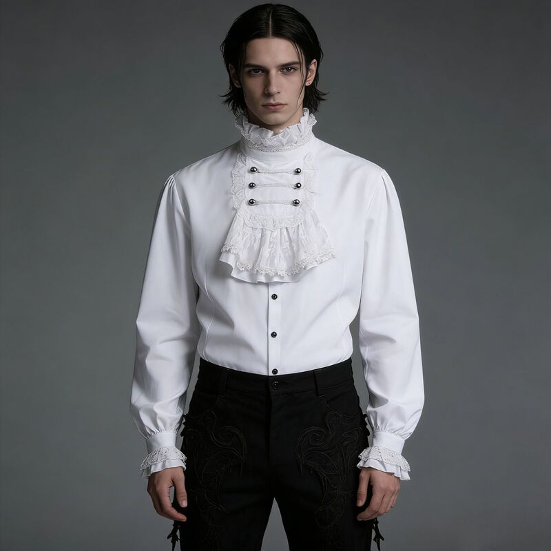 British Court Dress Ruffled Lace Shirt Men's Retro Casual Loose Long-Sleeved Lace Stand-Up Collar Shirt Performance Costume