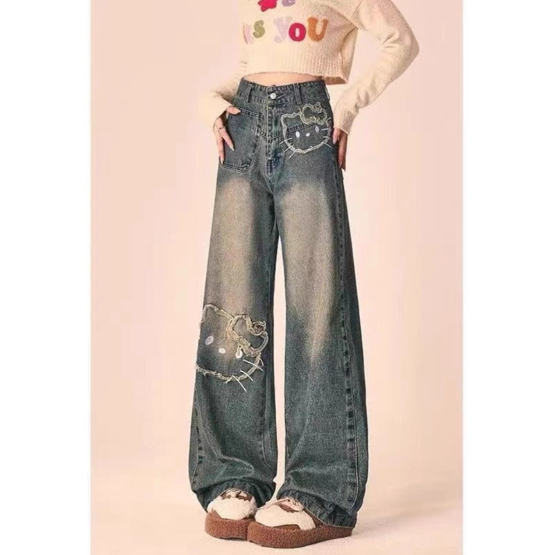 Kitty Cat Cartoon Embroidered Wide-Leg Jeans for Women 2026 New Style Loose Fit Slimming and Height-Enhancing Design Straight Pants