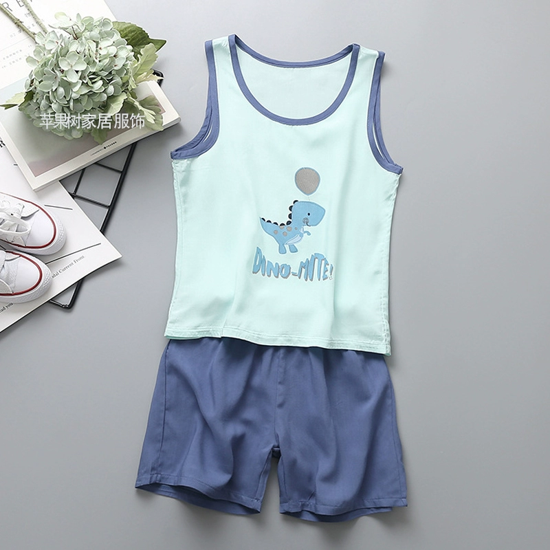 Bé trai áo vest phù hợp với vải cotton lụa mùa hè mỏng trẻ em quần dài 6 điểm quần đùi áo thun rayon hai mảnh - Phù hợp với trẻ em