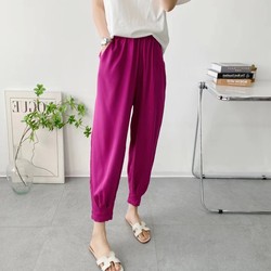 2024 Summer Black Cotton Silk Pens Pants Women's Loose Thin Artificial Cotton Nine-Point Pants High Waist Pinch-Leg Pants