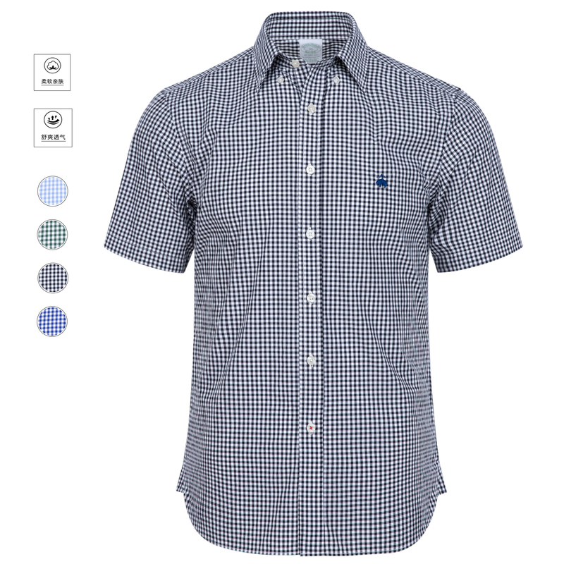 Purchased from North America, Brooks Genuine Brother Short-Sleeved Shirt, American Casual Pure Cotton Non-Iron Plaid Shirt for Men