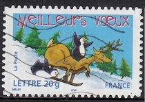 French letter marketing stamps 2005 Christmas wishes 5-3: Deer riding a sleigh