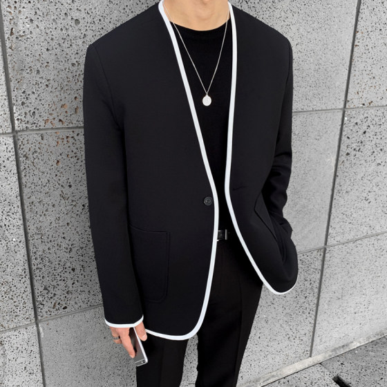 Korean style new fashion collarless suit men's tops youth loose casual trendy brand men's hemmed suit jacket