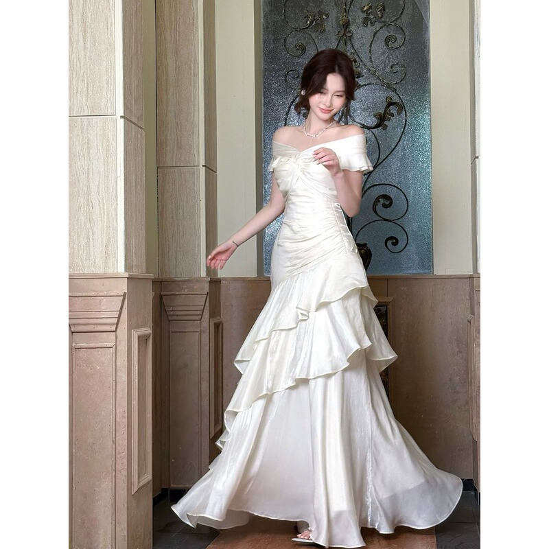 French-Style One-Shoulder Light Luxury High-End White Dress for Women, Summer High-End Coming-Of-Age Ceremony Mini Dress, Fishtail Long Dress French-Style One-Shoulder Light Luxury High-End White Dress for Women, Summer High-End Coming-Of-Age Ceremony Mini Dress, Fishtail Long Dress