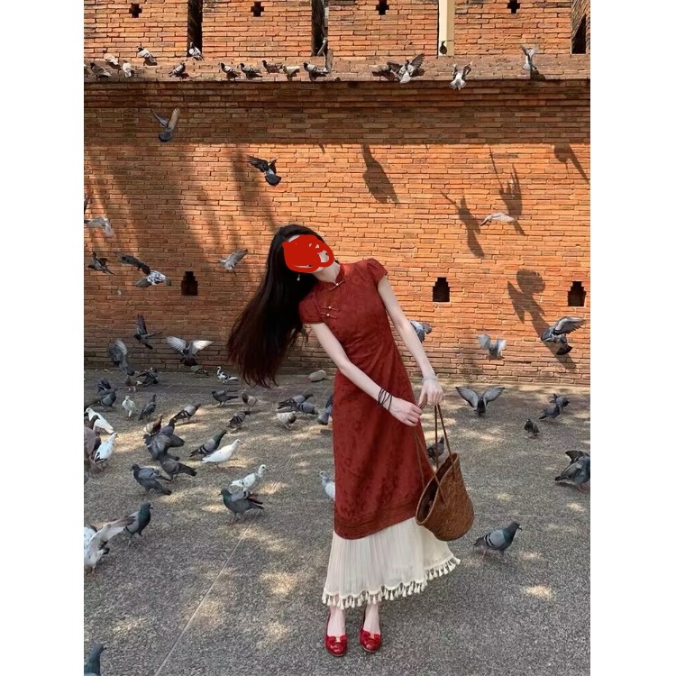 Chinese-Style Improved New Chinese-Style Young Girl's Dress, Women's Summer Retro Slim-Fit Slimming Tassel Splicing Long Skirt