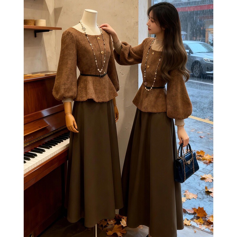 Korean-Style Elegant Outfit, Very Beautiful Suit Skirt for Women, Autumn and Winter, Chanel-Style Long-Sleeved Sweater Top and Half Skirt Two-Piece Set