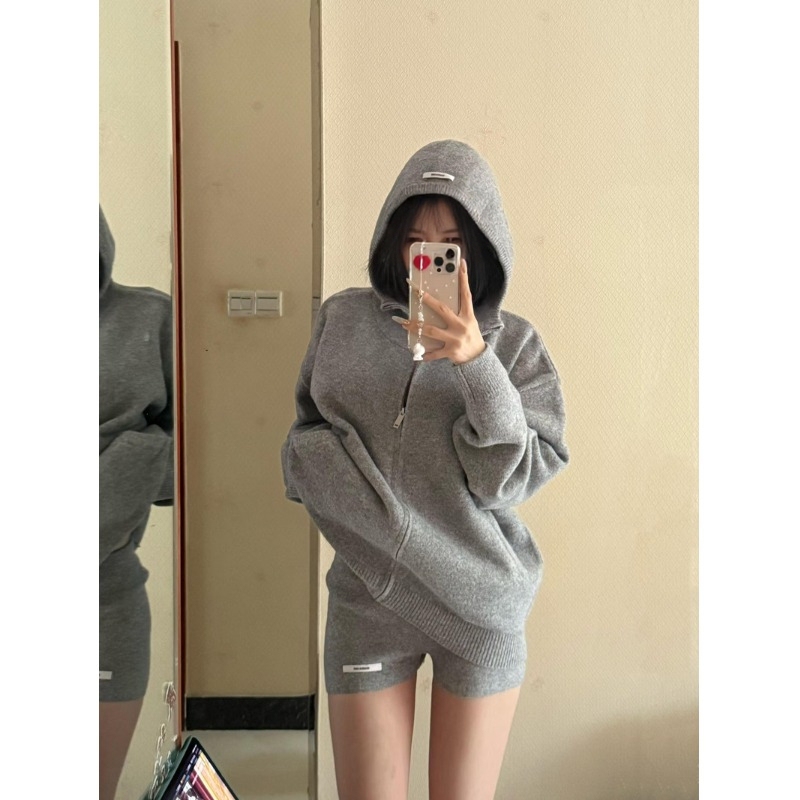 Lazy Style Knitted Sweater Suit Dress for Women Autumn and Winter Hooded Sweatshirt Jacket Loose Cardigan Shorts Two-Piece Set