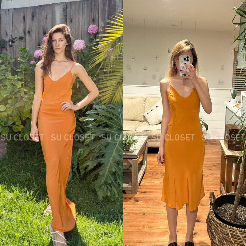 Su Closet Orange Bias-Cut Sexy Beauty Party Highlight All-Silk Spaghetti Strap Vacation Dress
