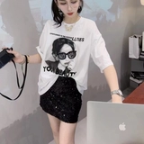 Длинная футболка, красивая спина, средней длины, европейский стиль, свободный крой, короткий рукав, круглый воротник