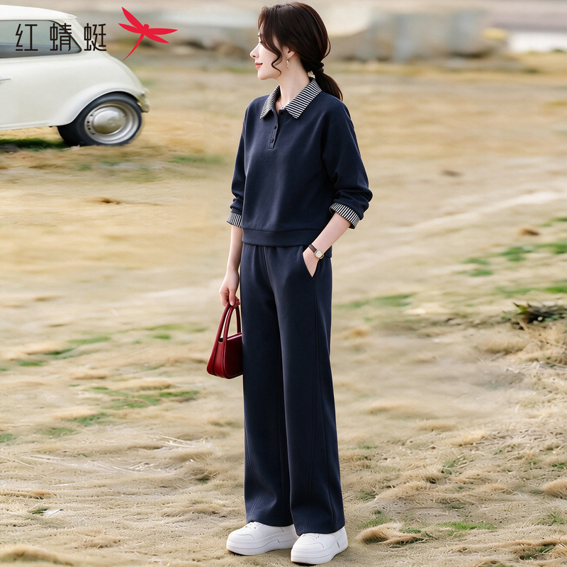 Red Dragonfly Mom's Sports Suit for Women 2026 New Spring and Autumn Fashion Striped Shirt Collar Sweatshirt and Long Pants Two-Piece Set Red Dragonfly Mom's Sports Suit for Women 2026 New Spring and Autumn Fashion Striped Shirt Collar Sweatshirt and Long Pants Two-Piece Set