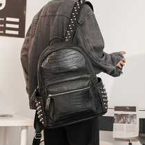 Korean version of crocodile pattern rivet backpack trendy backpack computer bag student school bag men and women couple bag trendy backpack