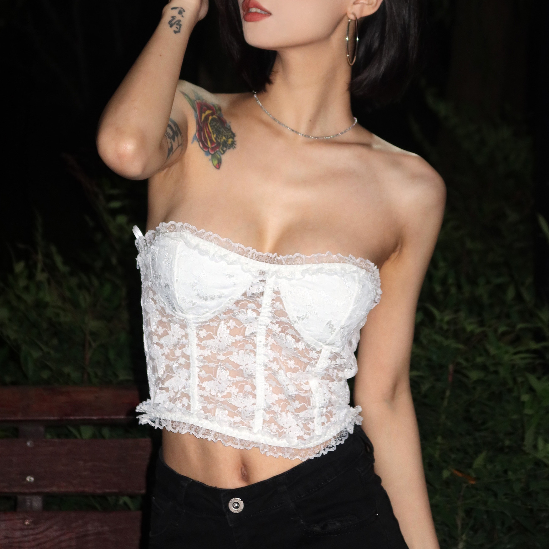 Pleyourself Secret Garden Lace-Side Lace Brooch Lace Transparent Mesh Yarn Transparent web yarn Hollow Pure Color Harness Type Little Vest