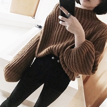 SOTHEA CAMEL MOHAIR textured semi-turtleneck thick needle woven lantern sleeve drop shoulder loose short sweater