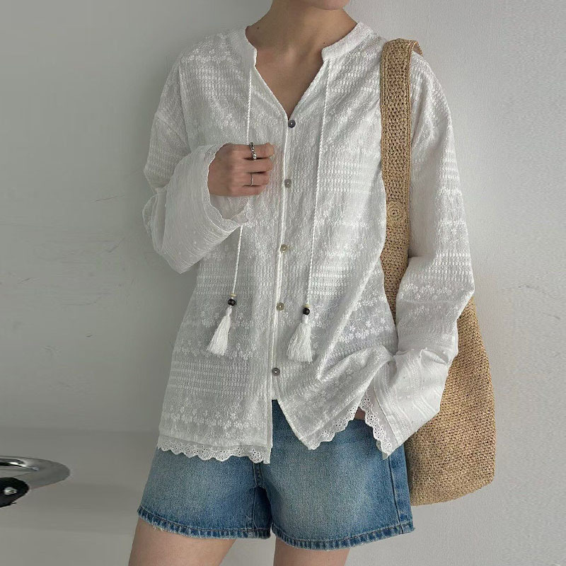 White Pure Cotton Lace Jacquard Korean-Style Loose Casual Niche Thin Design Cardigan Women's French Lace Shirt
