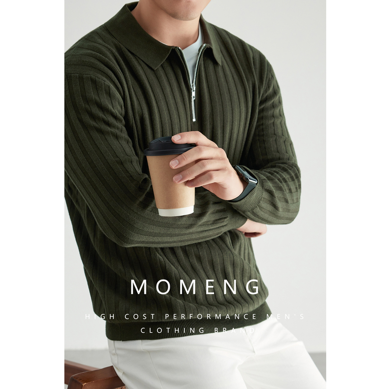 [Urban Elite] Momeng Business Casual Breathable Zip-Up Lapel Long-Sleeve Polo Shirt Men's Knitwear