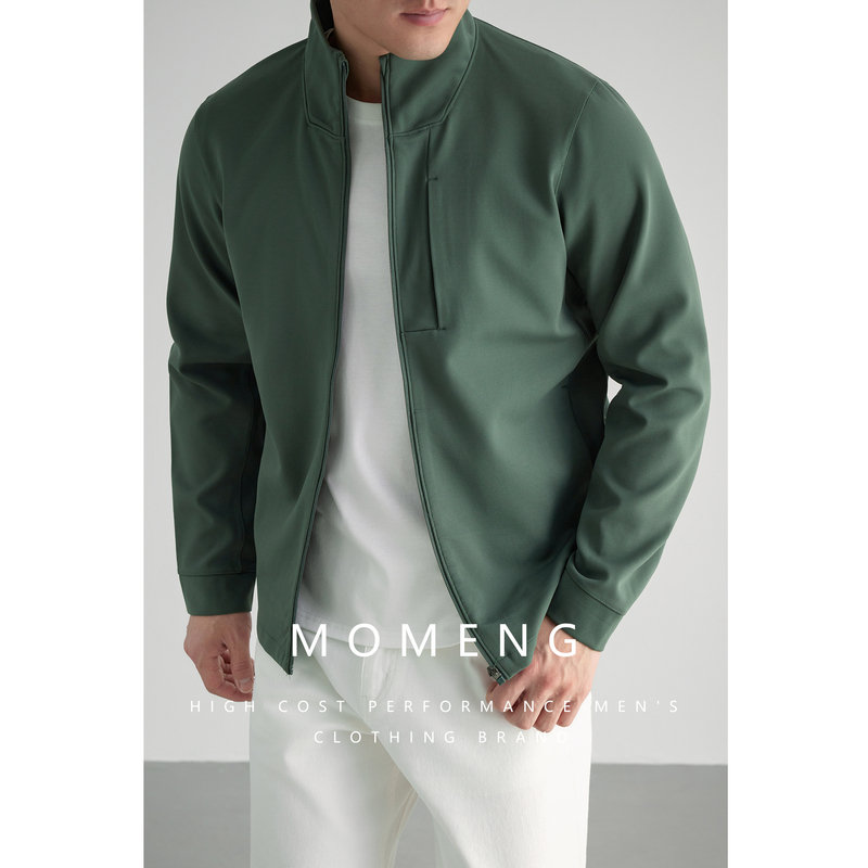 【Lightweight Dark Plaid】Momeng Thin Fleece Lined Stand Collar Jacket Windproof Outdoor Sports Coat Long Sleeve Men's