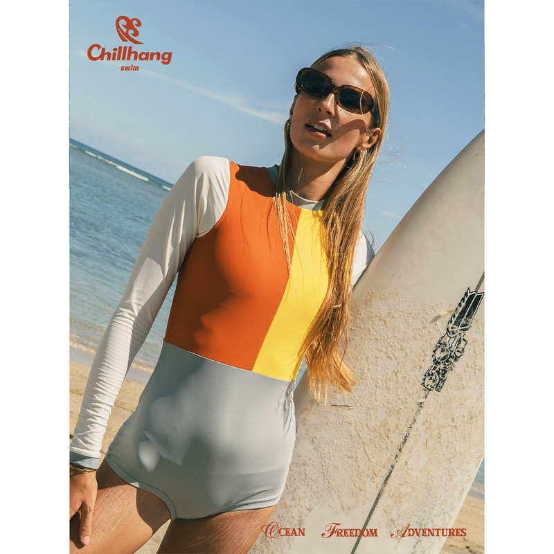 Chillhang Retro Color-Blocking Surf Sun Protection Long-Sleeve Diving Shorts One-Piece Conservative Swimsuit for Women