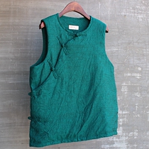 Womens winter sleeveless cotton padded cotton vest waistcoat waistcoat shoulder slant placket collarless linen Chinese style retro literature and art