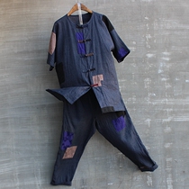 Mens summer linen short-sleeved ankle-length pants two-piece Net red patch shirt beggar suit Bona clothing meditation personality