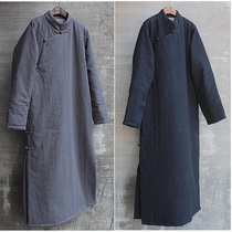  Winter linen cotton robe mens stand-up collar cotton coat Chinese style large size quilted jacket long Tang suit plate buckle large lapel oblique lapel jacket