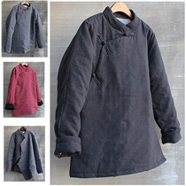  Chinese style mens thickened cotton coat Chinese cotton clothing Tang clothing plate buckle large lapel cotton linen quilted jacket jacket loose black